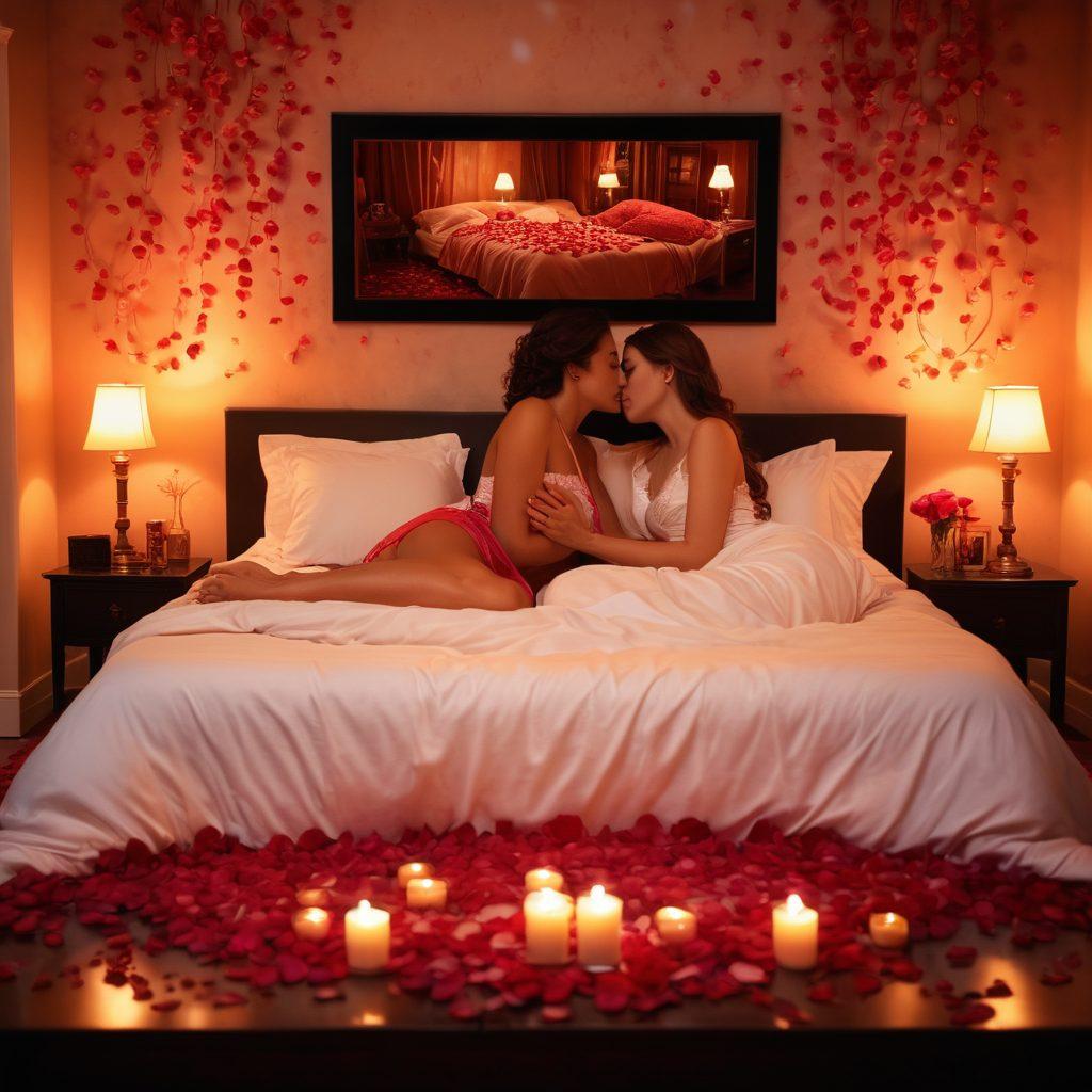 A romantic scene featuring a soft-lit bedroom with a couple entwined in a passionate embrace, surrounded by rose petals and candlelight. The background hints at a film strip with intimate moments depicted, suggesting sensuality and love stories. The colors are warm and inviting, capturing the essence of passion and intimacy. super-realistic. vibrant colors. soft focus.