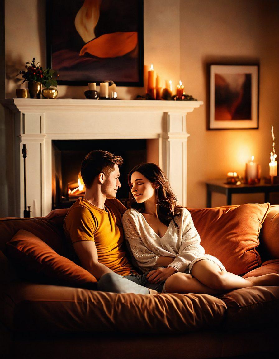 An intimate and cozy setting featuring a couple engaging in a playful narrative, surrounded by soft lighting and romantic decor. Include elements like a glowing fireplace, plush cushions, and subtle hints of seduction in their expressions and body language. Add a mysterious ambiance with shadows and warm colors to evoke emotion. Art style should be sensual and inviting, with a focus on connection and intimacy. painting. warm colors. soft focus.
